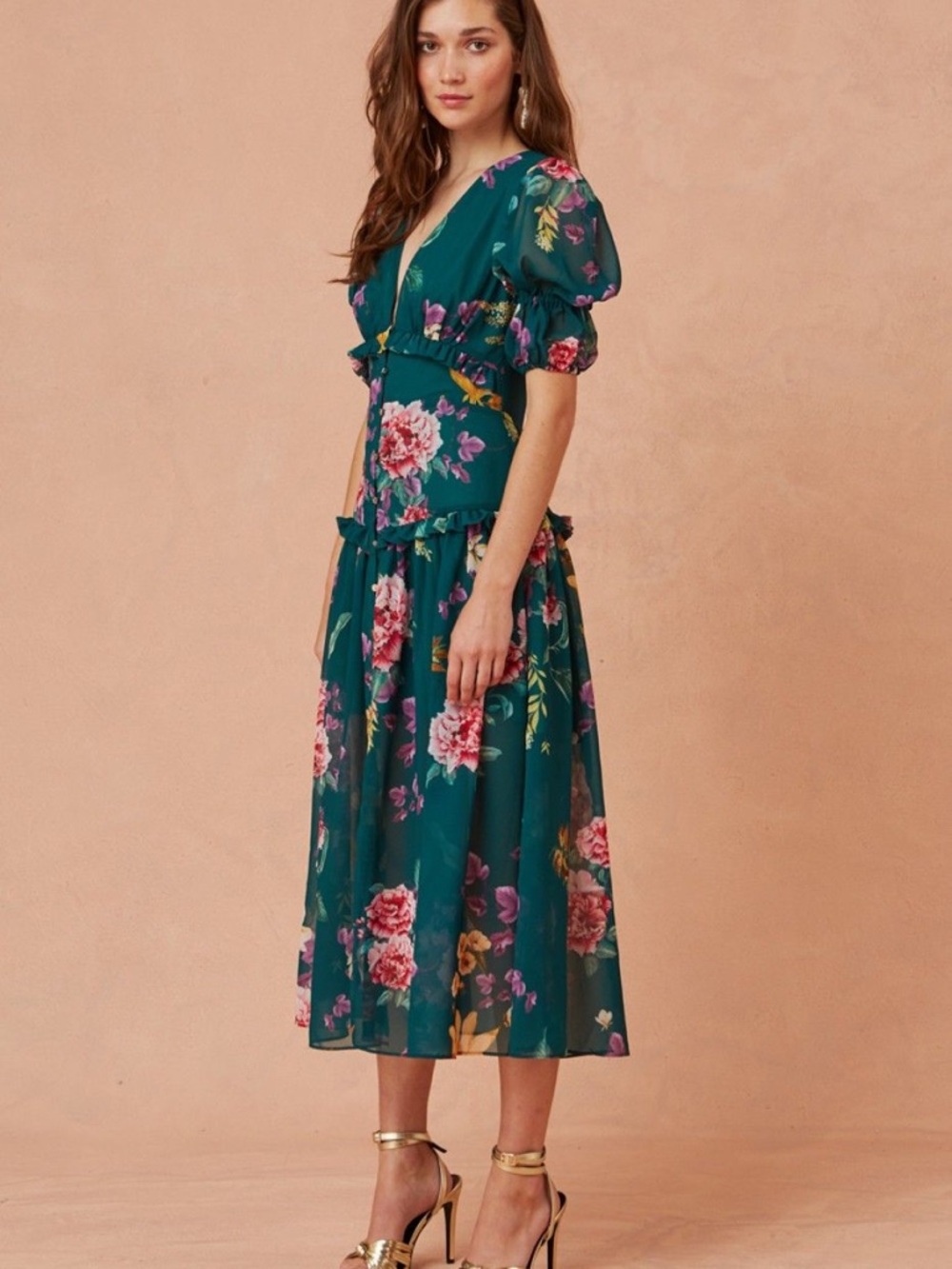 KEEPSAKE the Label Jade Floral V-Neck Midi Dress with Puff Sleeves